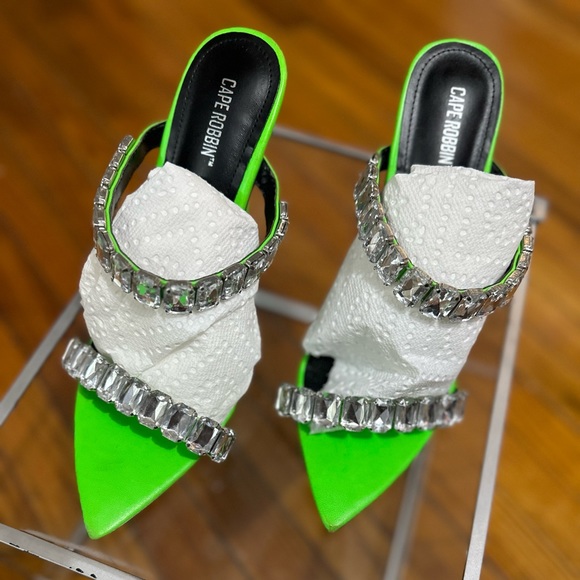Rhinestone Cape Robbin Neon Green Heels - Picture 3 of 9